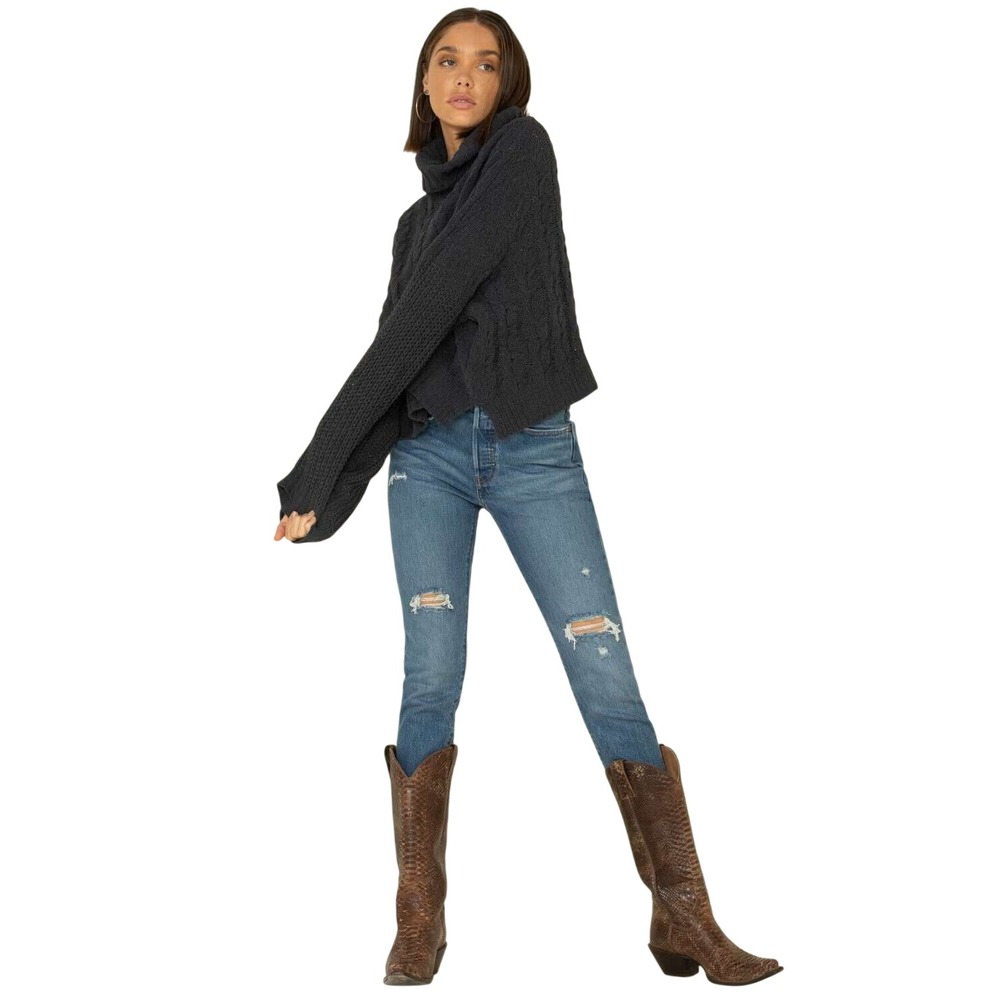 POL Women's High-Low Chunky Cable Knit Turtleneck Sweater Charcoal Grey S NEW